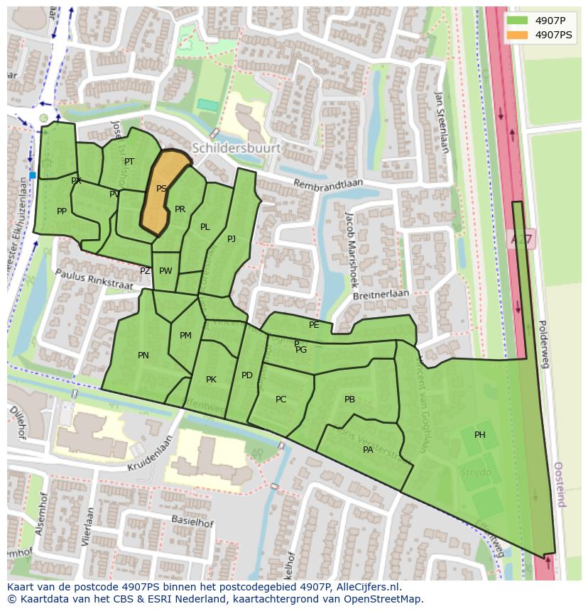 Afbeelding van het postcodegebied 4907 PS op de kaart.