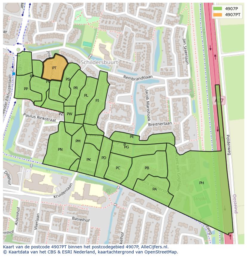 Afbeelding van het postcodegebied 4907 PT op de kaart.