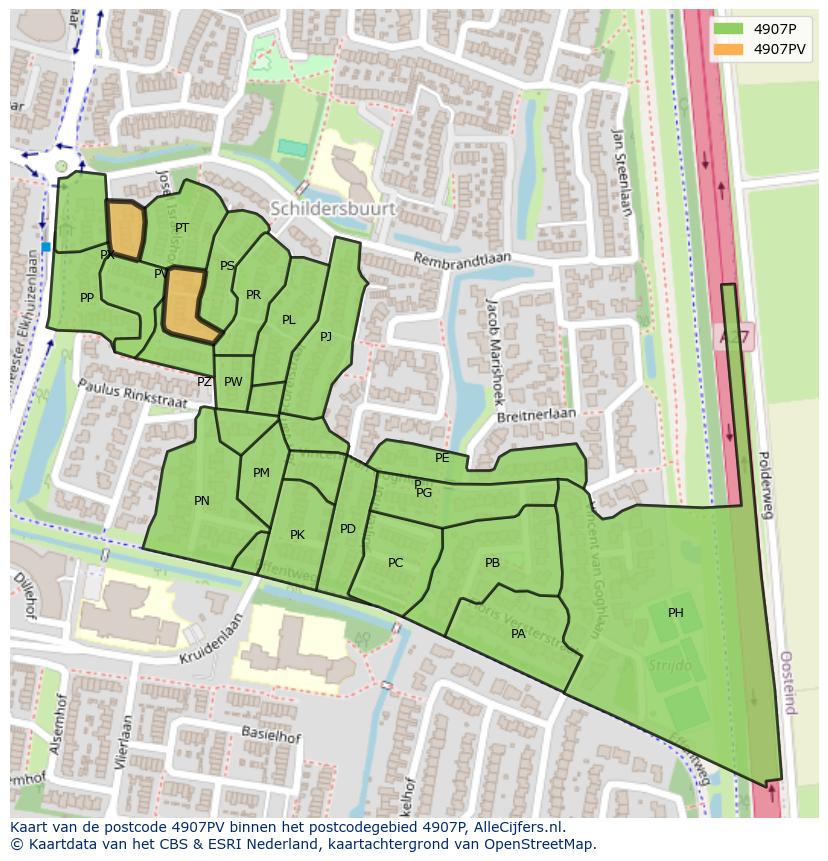 Afbeelding van het postcodegebied 4907 PV op de kaart.
