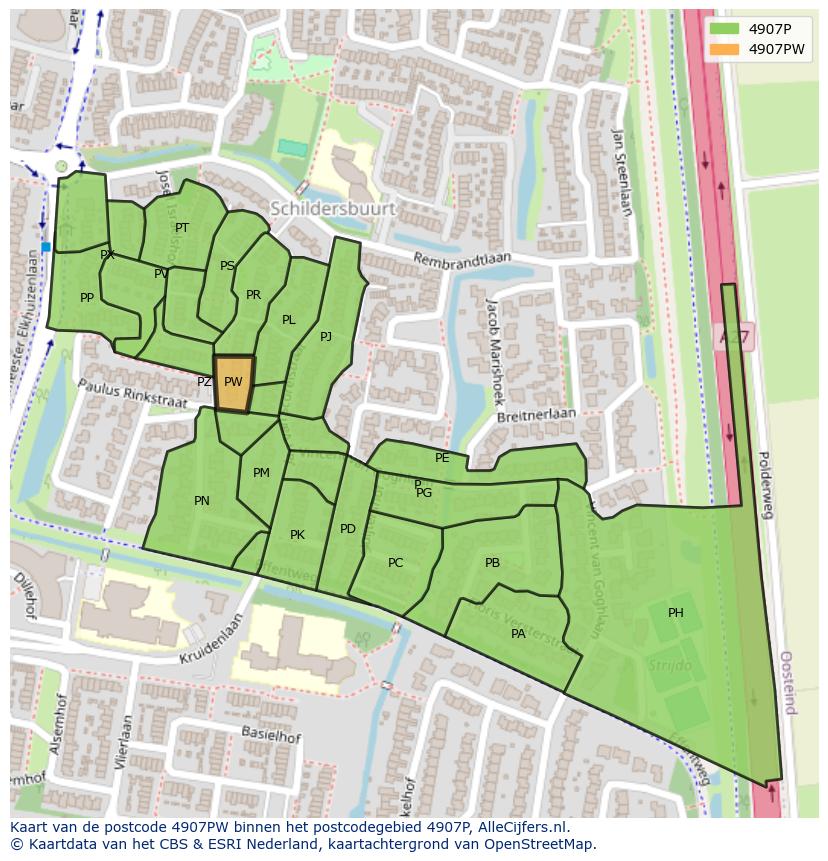 Afbeelding van het postcodegebied 4907 PW op de kaart.