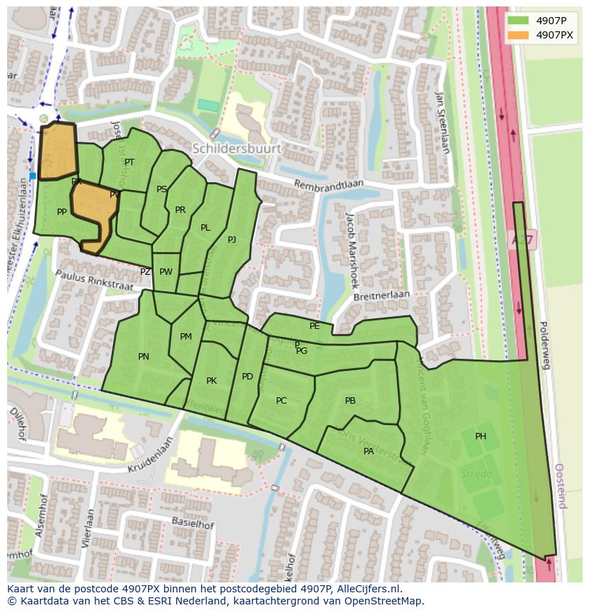 Afbeelding van het postcodegebied 4907 PX op de kaart.