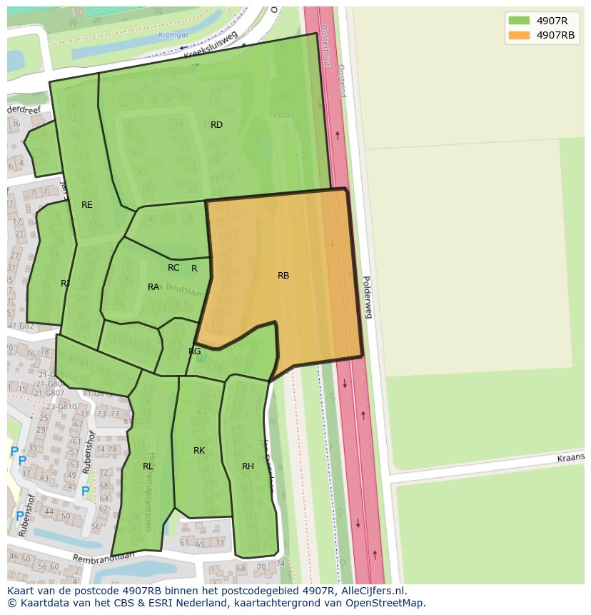 Afbeelding van het postcodegebied 4907 RB op de kaart.