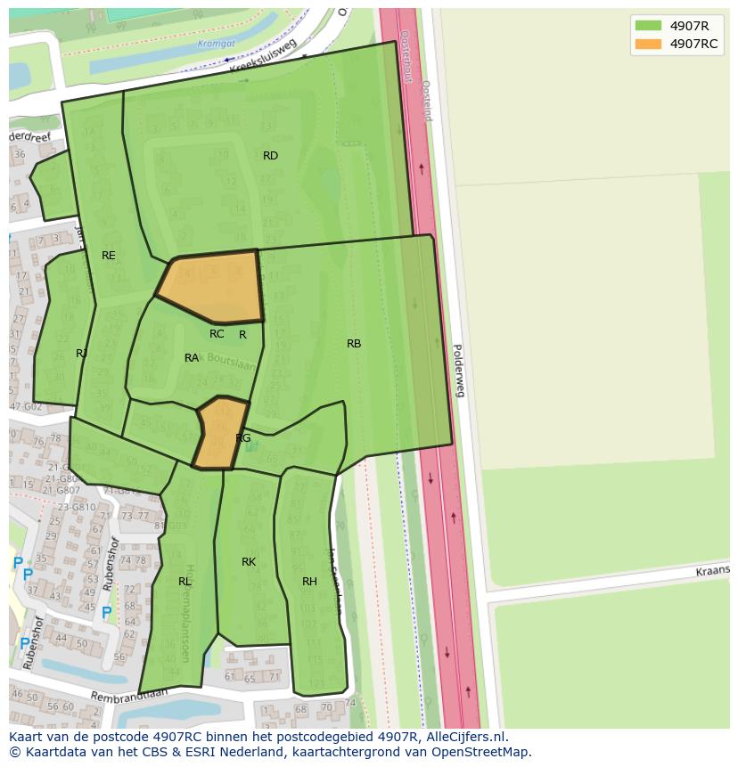 Afbeelding van het postcodegebied 4907 RC op de kaart.