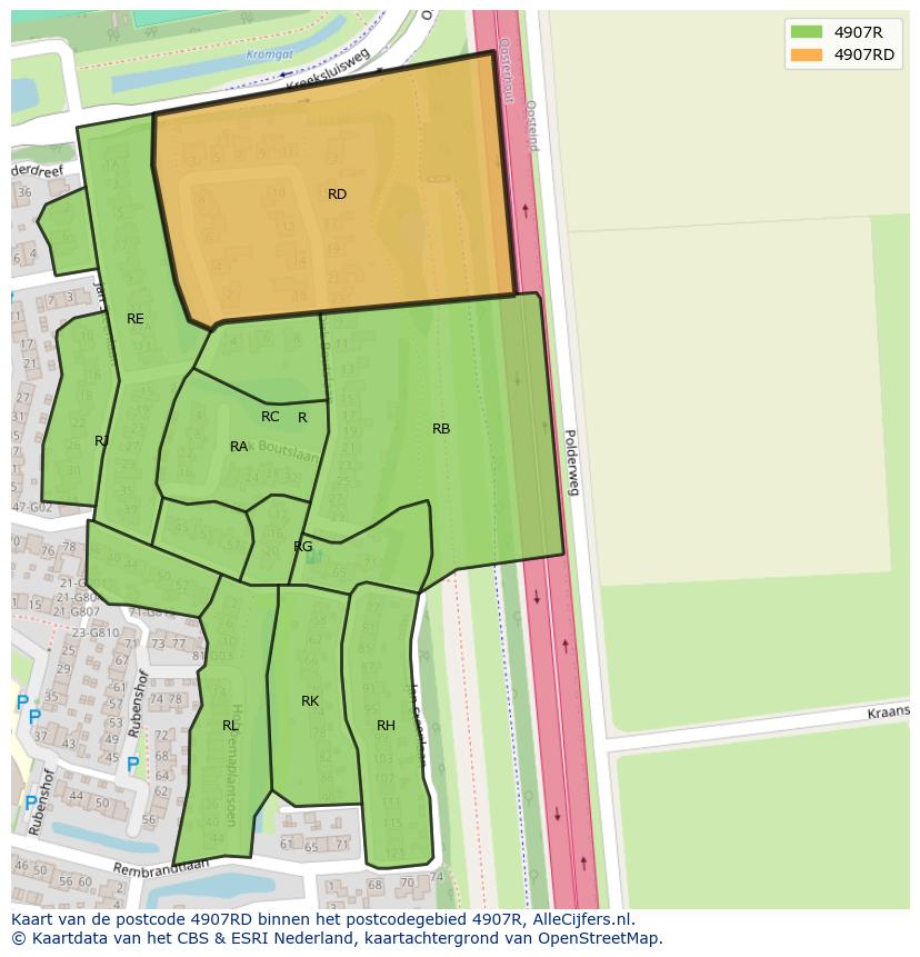 Afbeelding van het postcodegebied 4907 RD op de kaart.