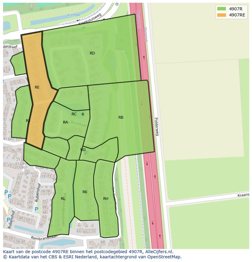Afbeelding van het postcodegebied 4907 RE op de kaart.