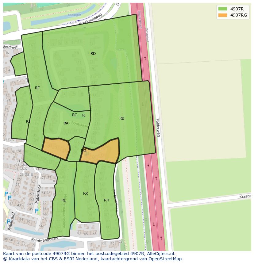 Afbeelding van het postcodegebied 4907 RG op de kaart.