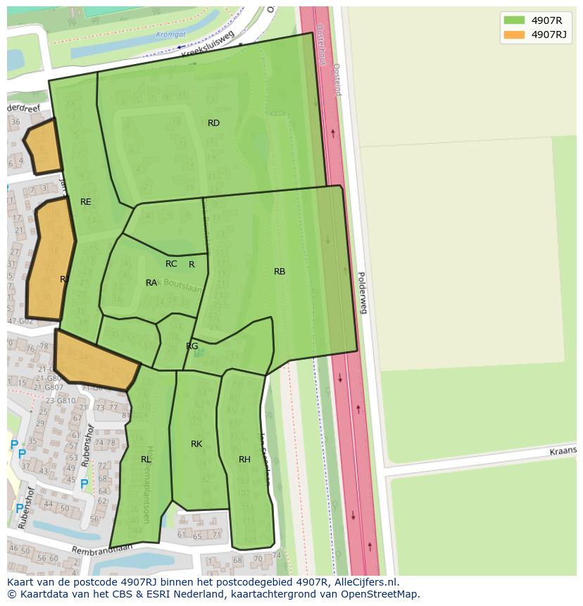 Afbeelding van het postcodegebied 4907 RJ op de kaart.