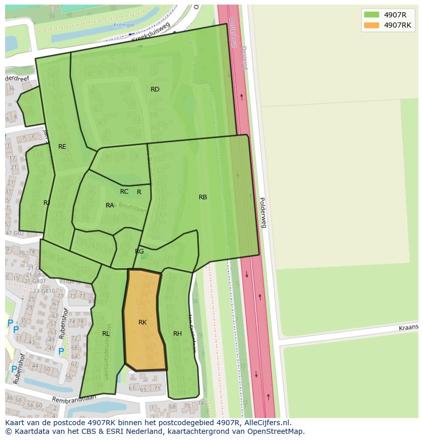 Afbeelding van het postcodegebied 4907 RK op de kaart.
