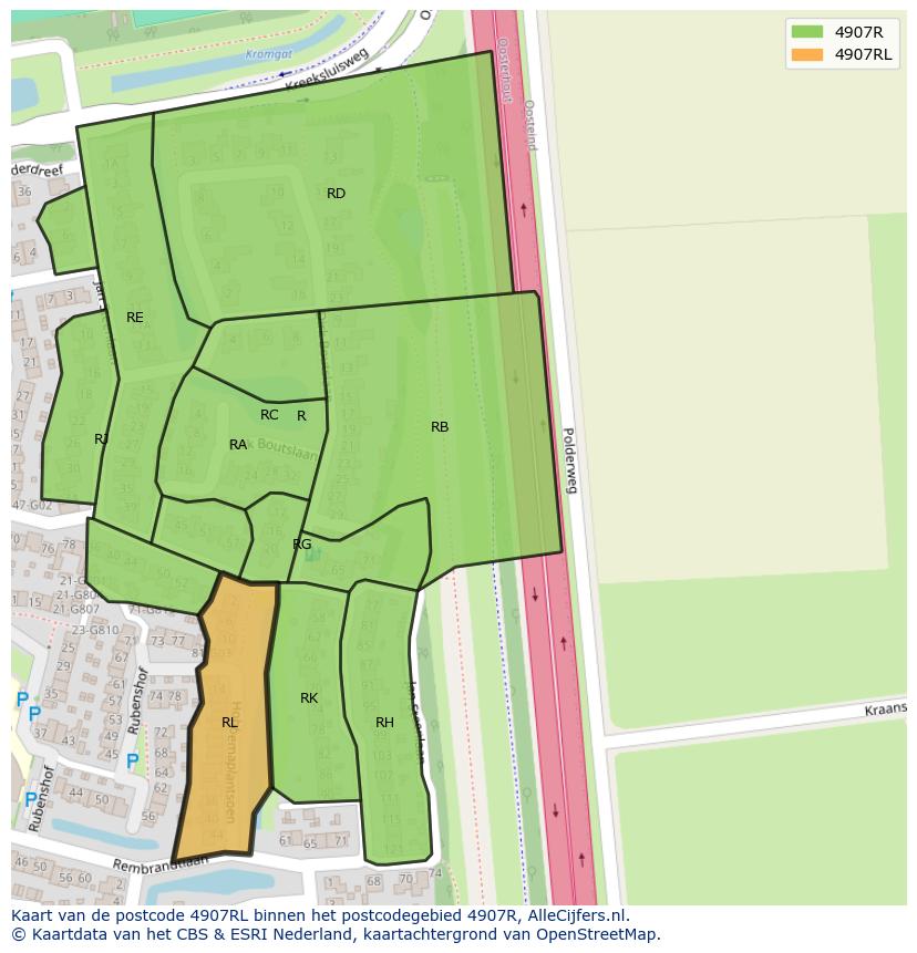 Afbeelding van het postcodegebied 4907 RL op de kaart.