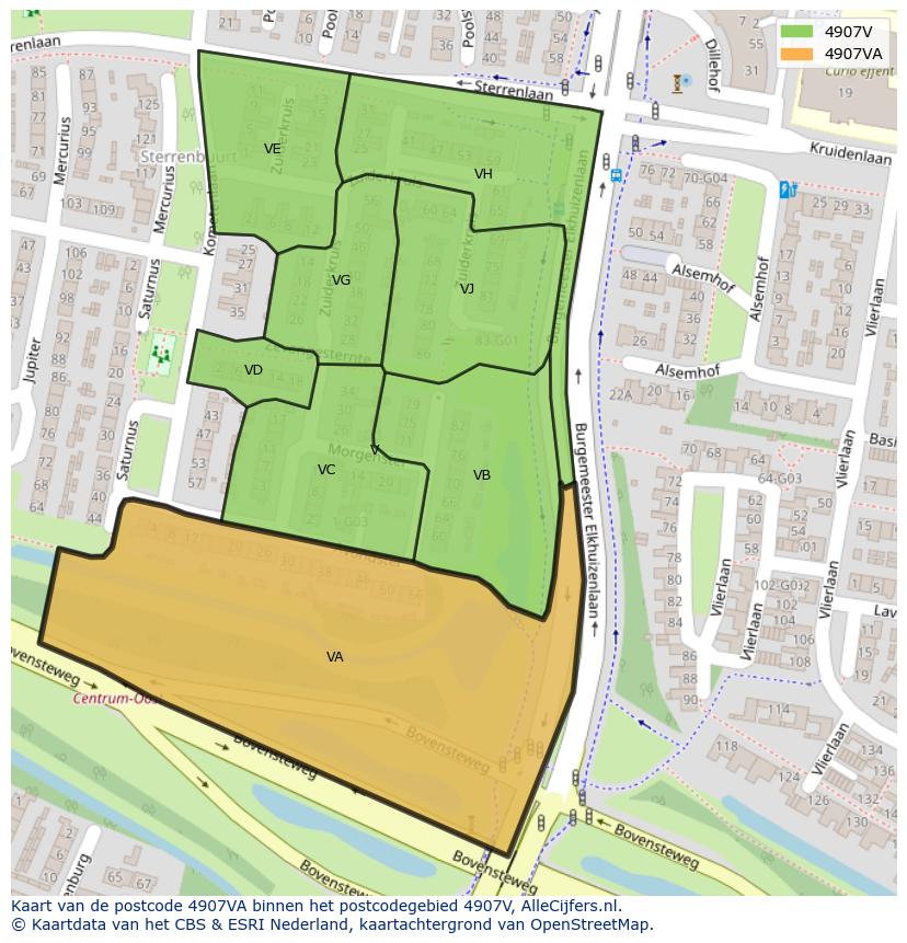 Afbeelding van het postcodegebied 4907 VA op de kaart.
