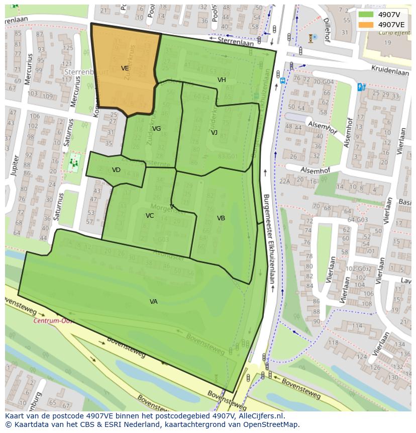 Afbeelding van het postcodegebied 4907 VE op de kaart.