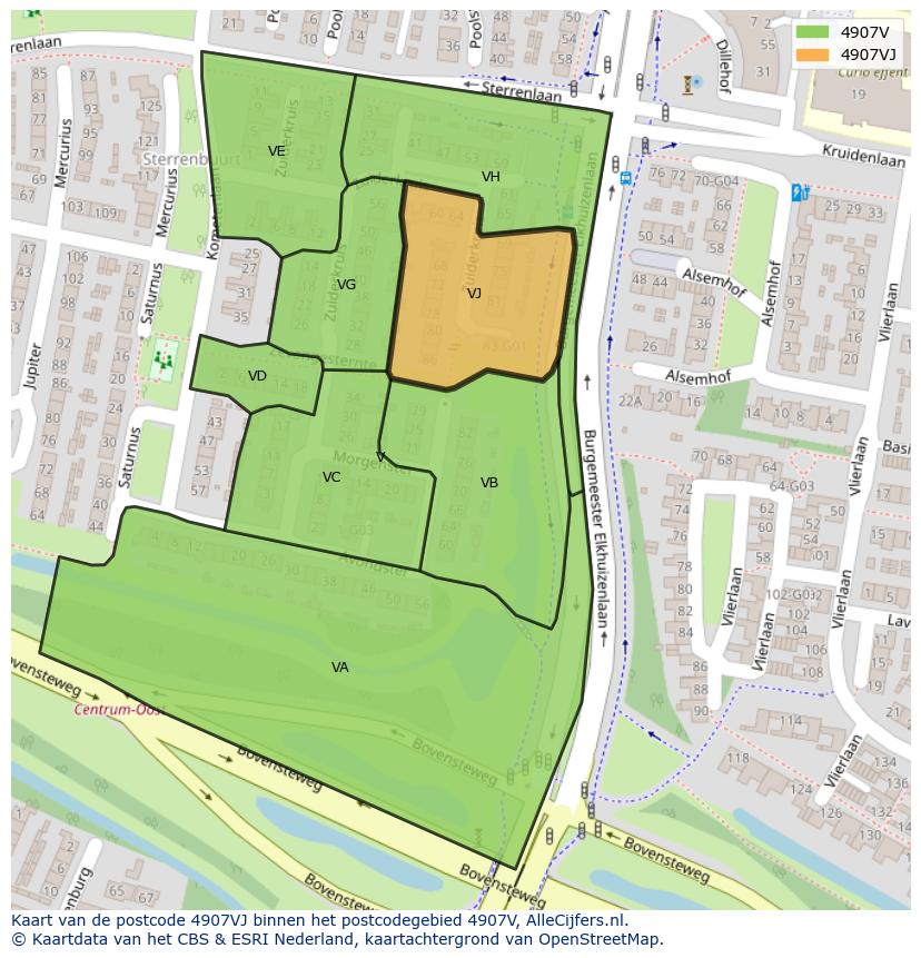Afbeelding van het postcodegebied 4907 VJ op de kaart.