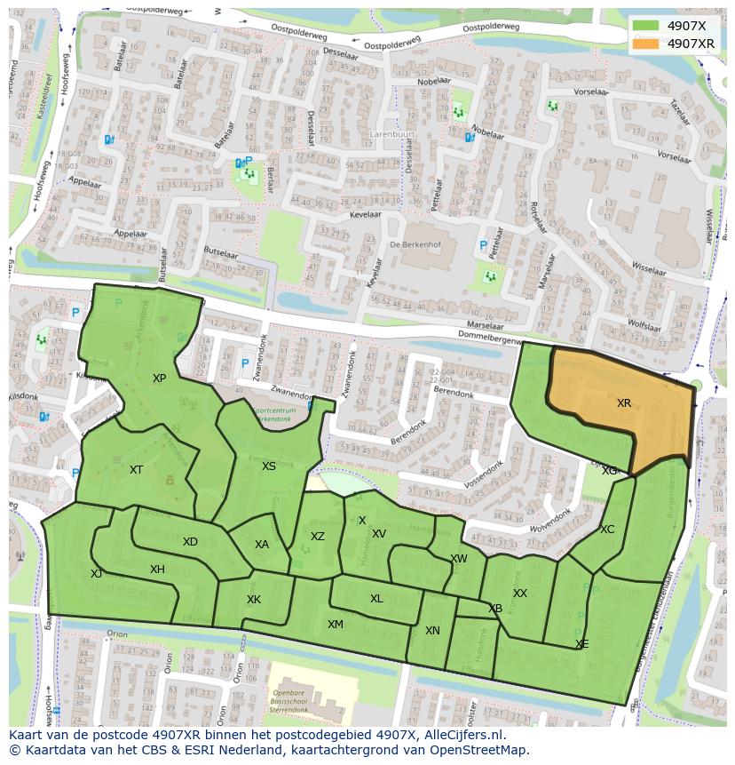 Afbeelding van het postcodegebied 4907 XR op de kaart.