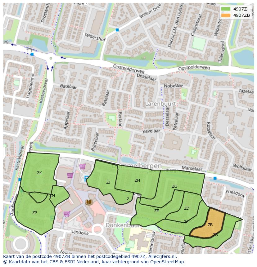 Afbeelding van het postcodegebied 4907 ZB op de kaart.