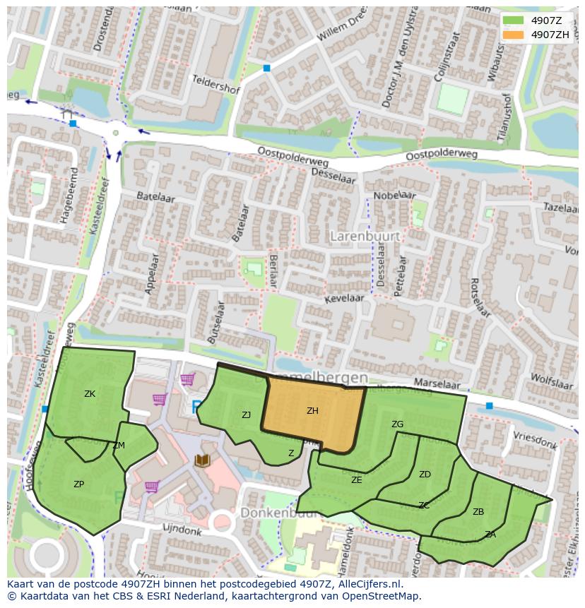 Afbeelding van het postcodegebied 4907 ZH op de kaart.