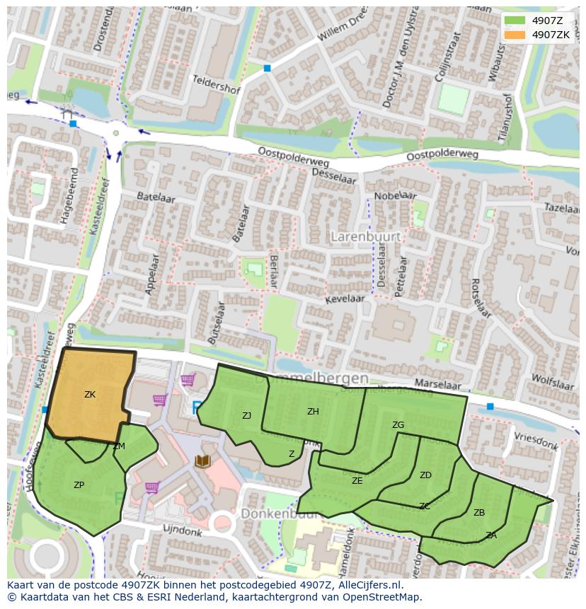 Afbeelding van het postcodegebied 4907 ZK op de kaart.