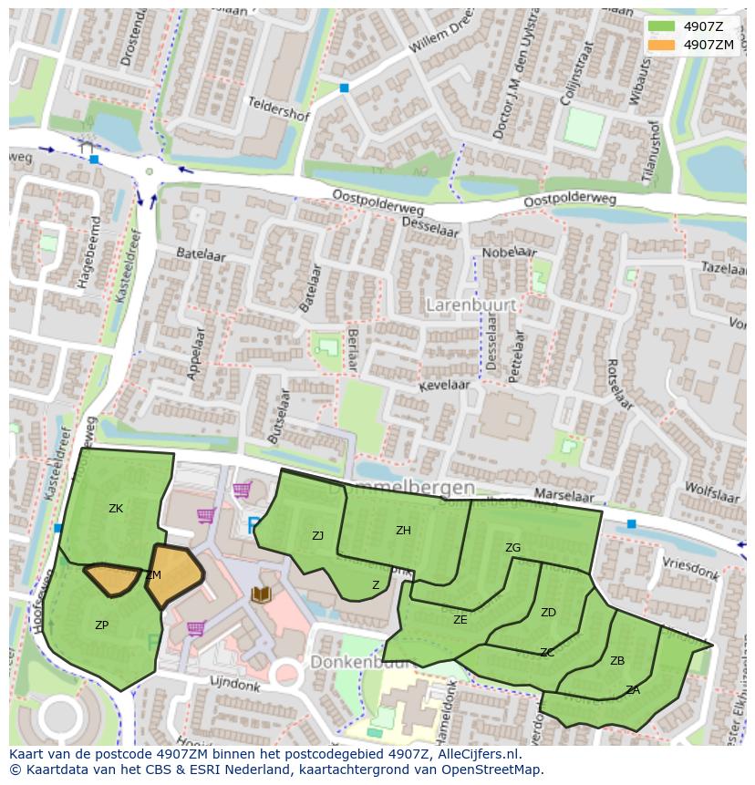Afbeelding van het postcodegebied 4907 ZM op de kaart.