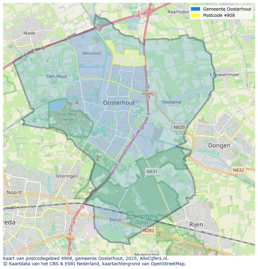 Afbeelding van het postcodegebied 4908 op de kaart.