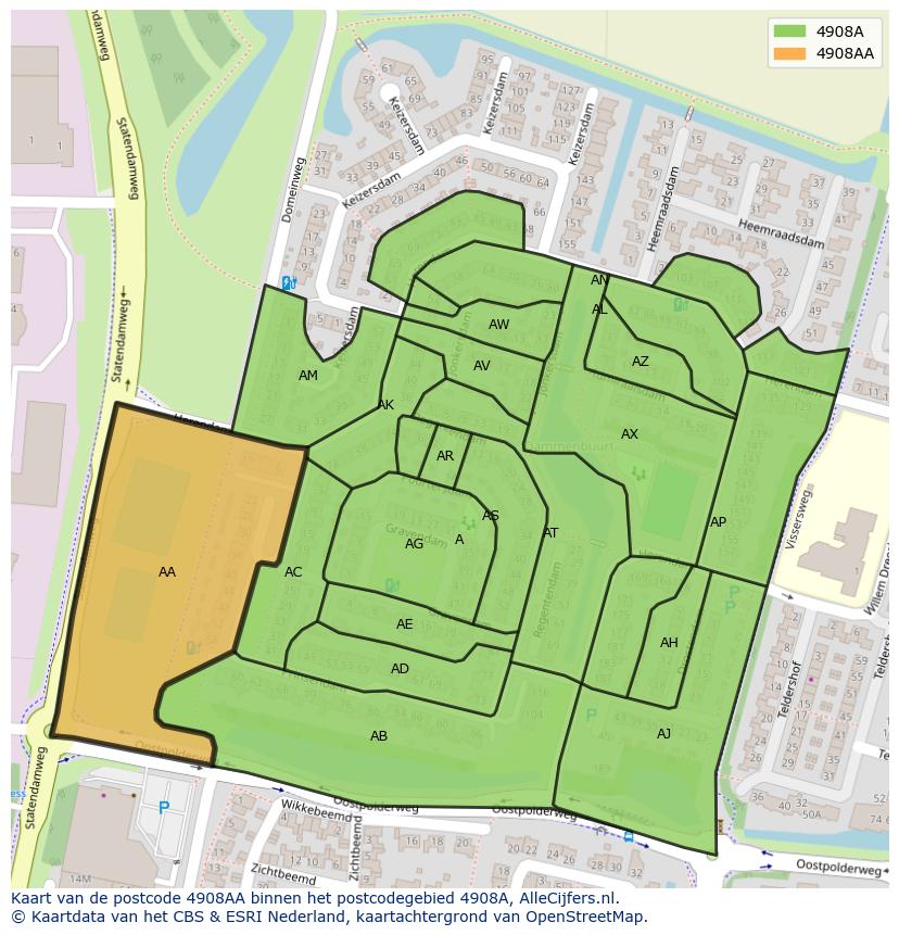 Afbeelding van het postcodegebied 4908 AA op de kaart.