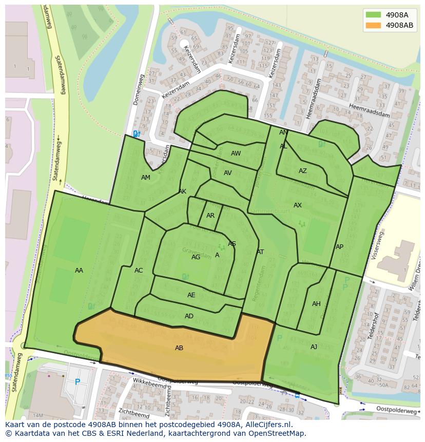 Afbeelding van het postcodegebied 4908 AB op de kaart.