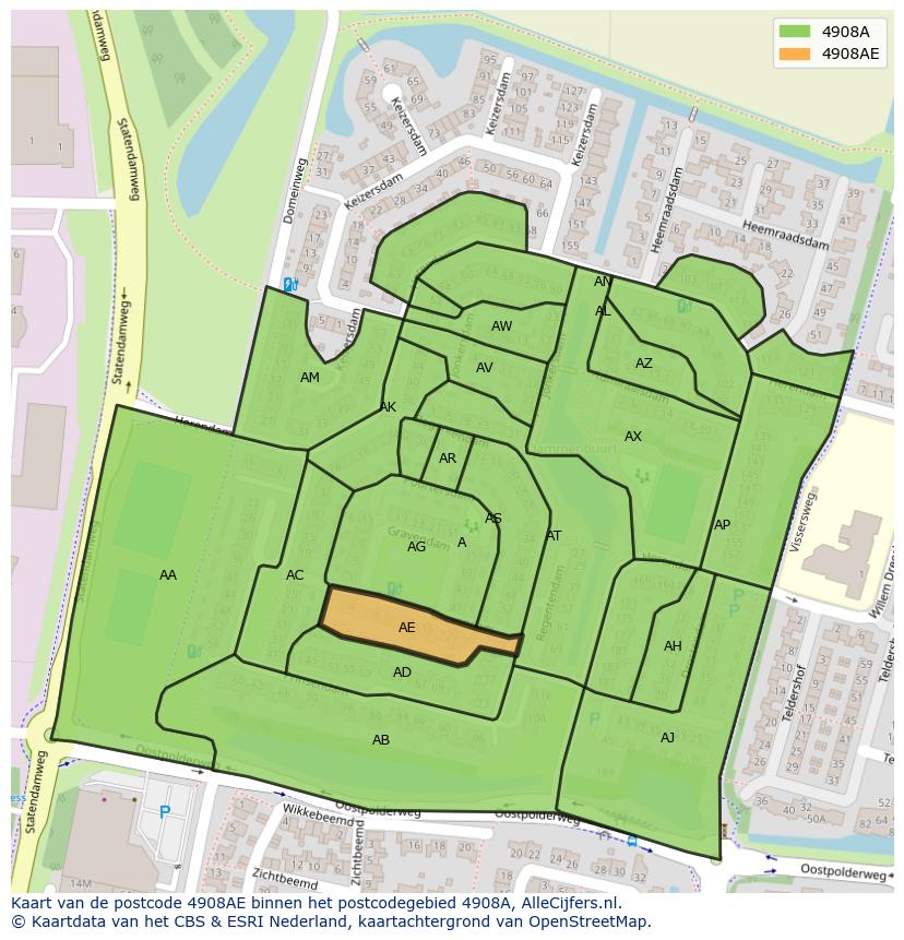 Afbeelding van het postcodegebied 4908 AE op de kaart.