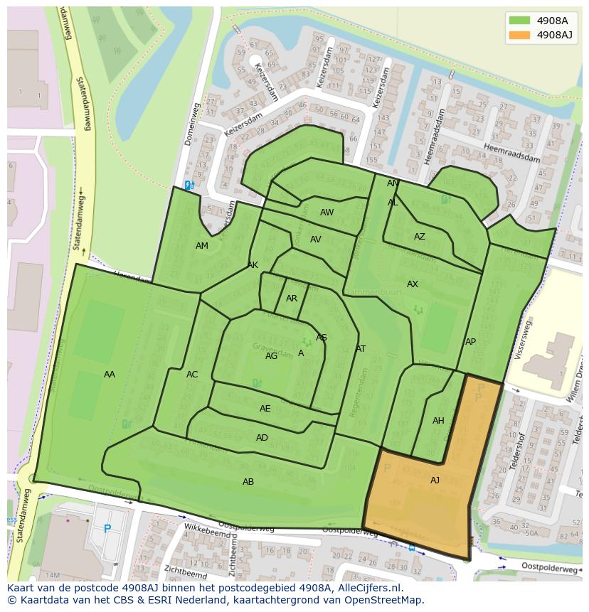 Afbeelding van het postcodegebied 4908 AJ op de kaart.