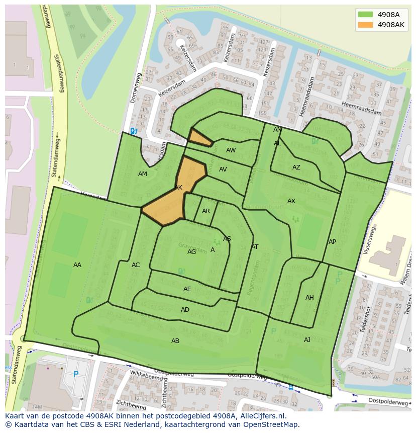 Afbeelding van het postcodegebied 4908 AK op de kaart.