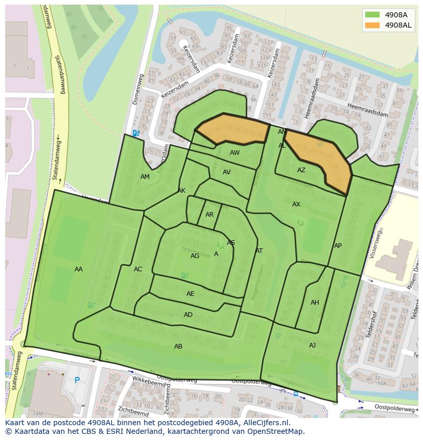 Afbeelding van het postcodegebied 4908 AL op de kaart.