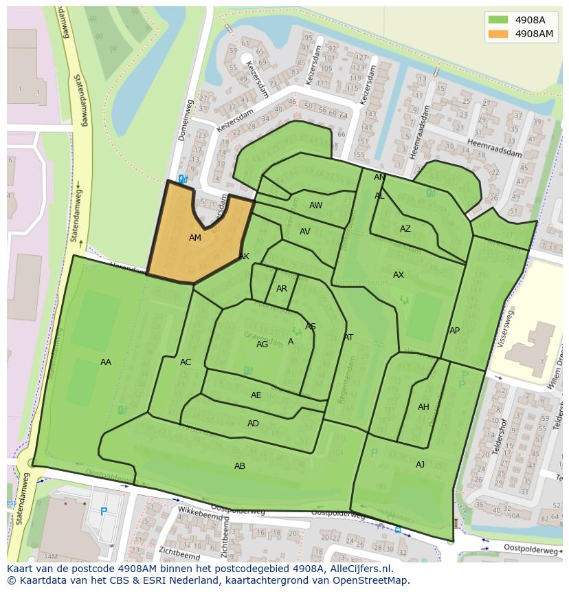 Afbeelding van het postcodegebied 4908 AM op de kaart.