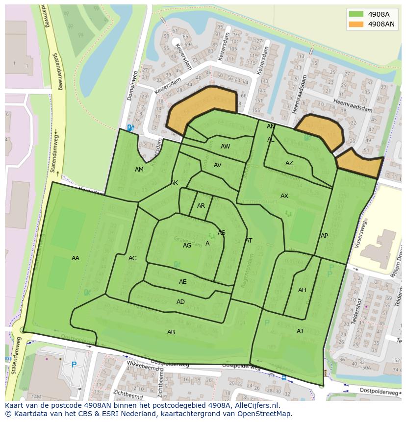 Afbeelding van het postcodegebied 4908 AN op de kaart.