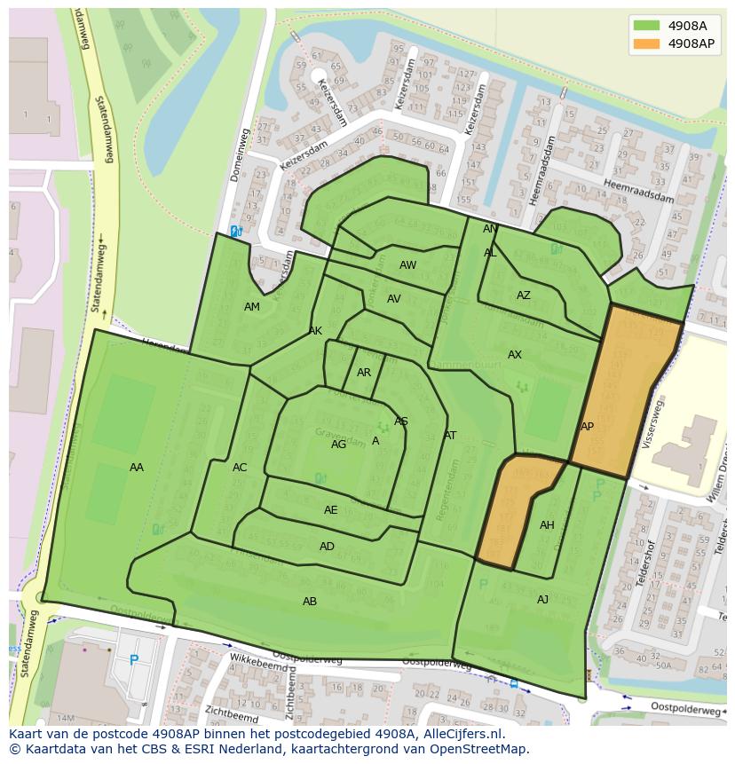 Afbeelding van het postcodegebied 4908 AP op de kaart.