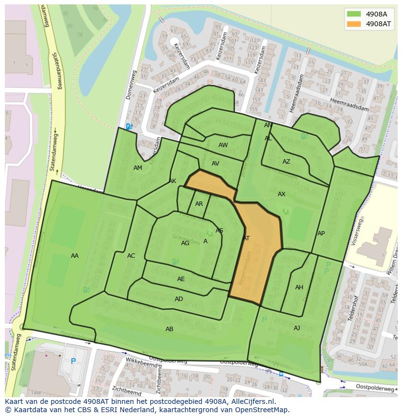 Afbeelding van het postcodegebied 4908 AT op de kaart.