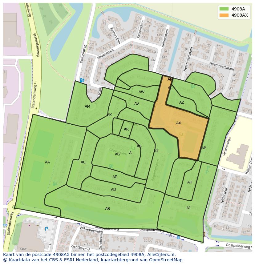 Afbeelding van het postcodegebied 4908 AX op de kaart.