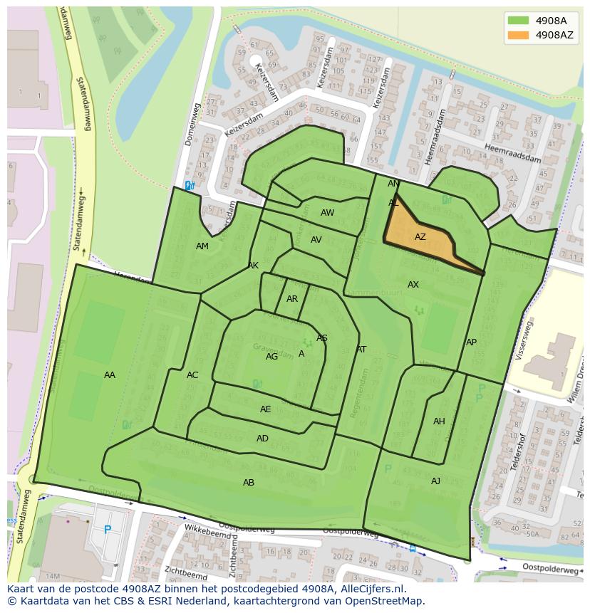 Afbeelding van het postcodegebied 4908 AZ op de kaart.