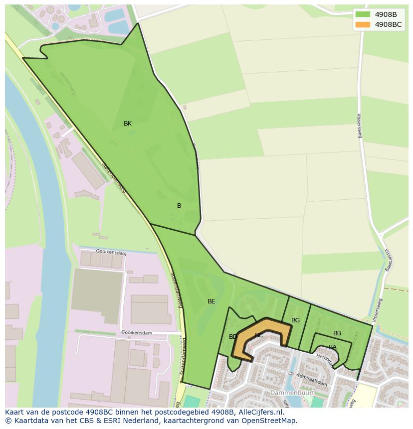 Afbeelding van het postcodegebied 4908 BC op de kaart.