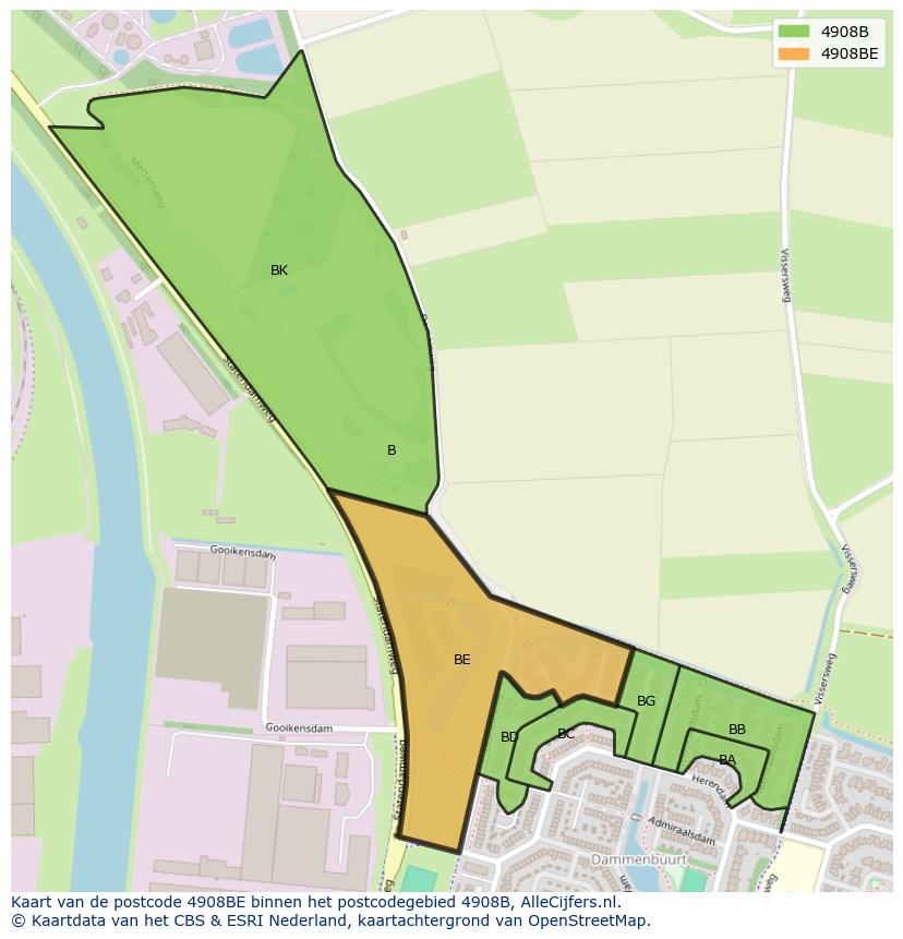 Afbeelding van het postcodegebied 4908 BE op de kaart.