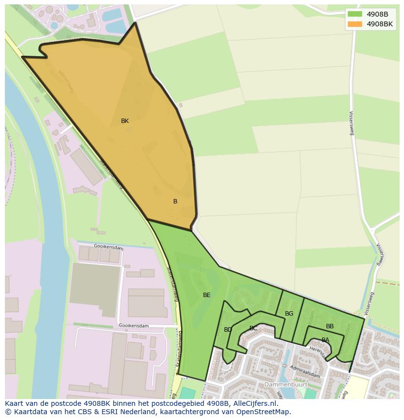 Afbeelding van het postcodegebied 4908 BK op de kaart.