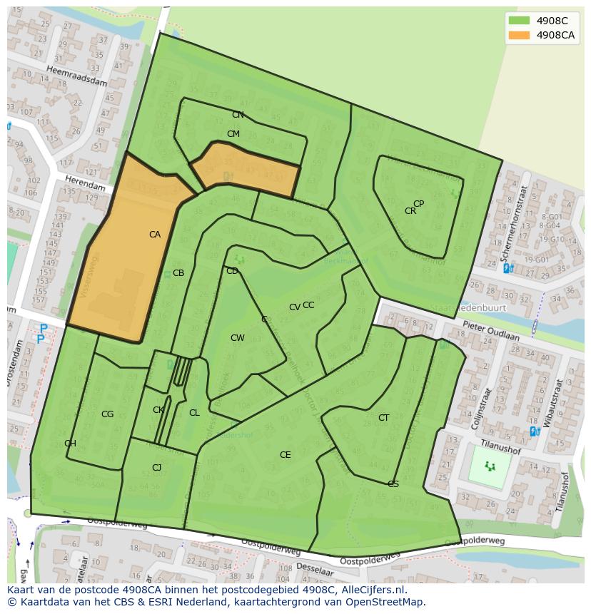 Afbeelding van het postcodegebied 4908 CA op de kaart.