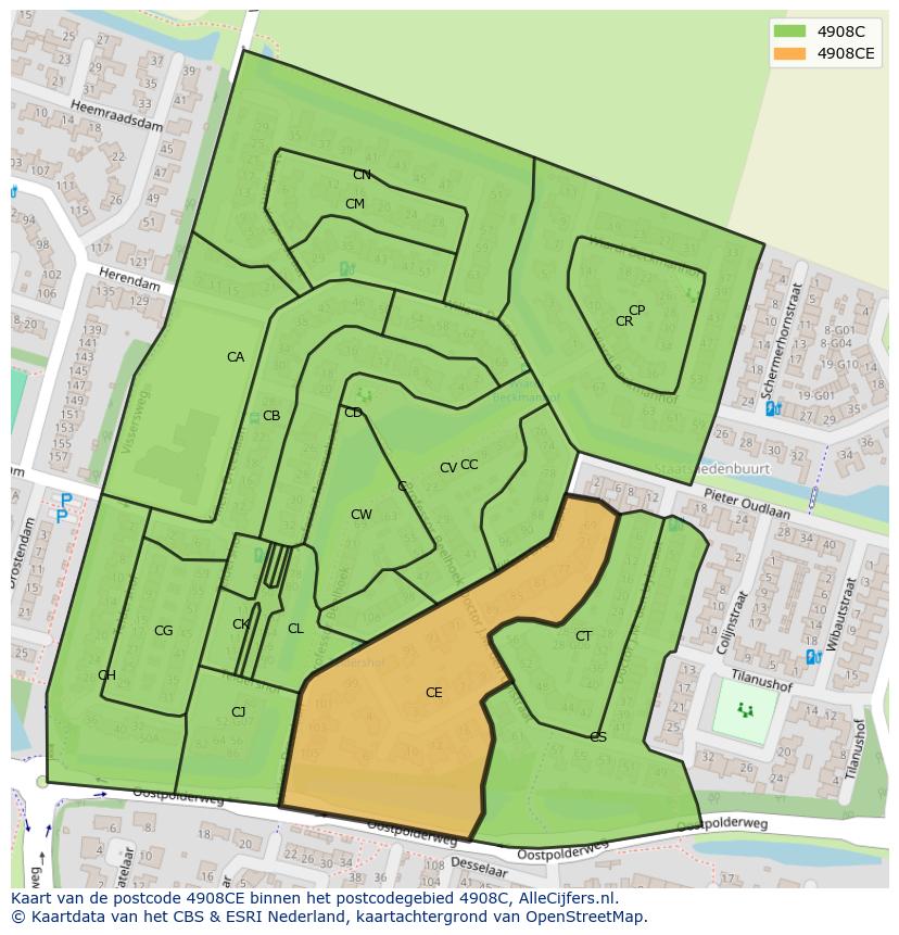 Afbeelding van het postcodegebied 4908 CE op de kaart.