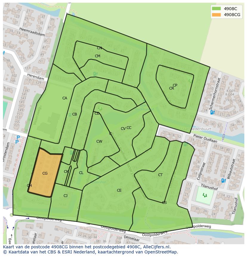 Afbeelding van het postcodegebied 4908 CG op de kaart.