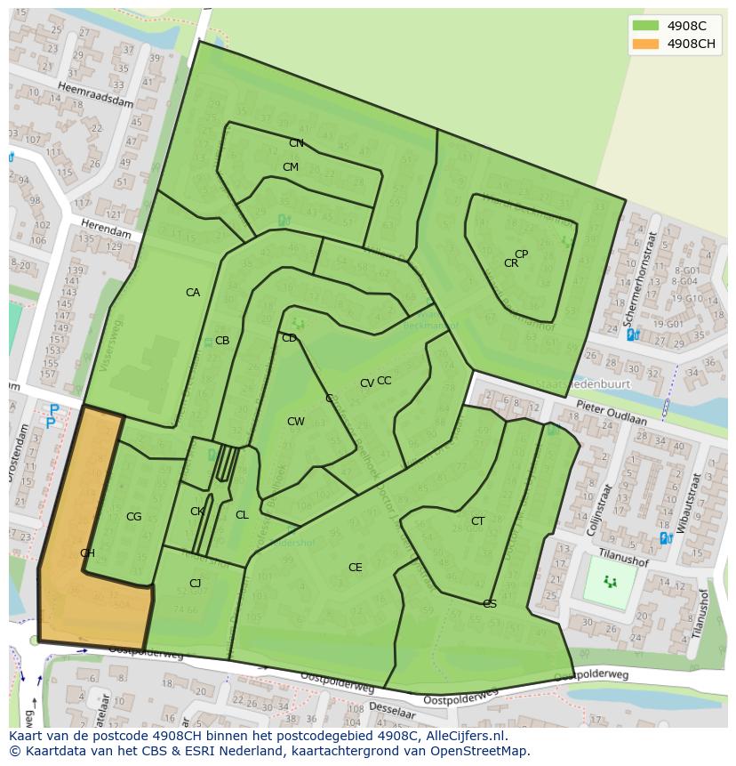 Afbeelding van het postcodegebied 4908 CH op de kaart.