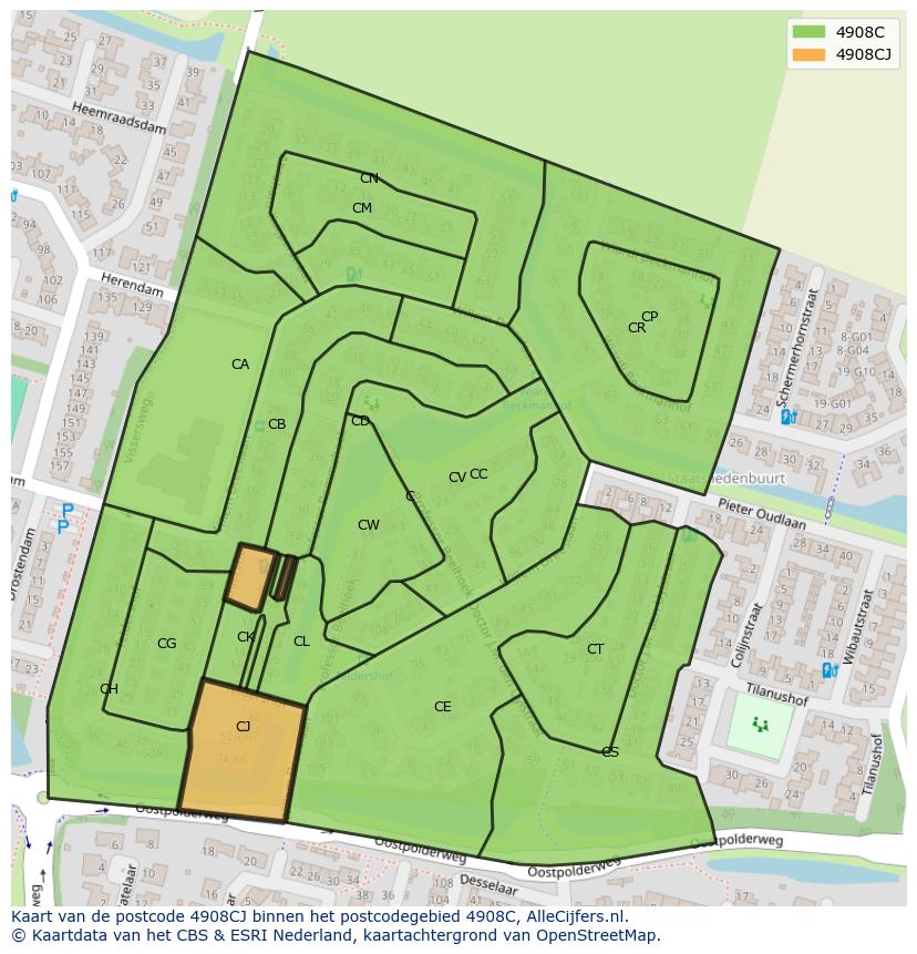 Afbeelding van het postcodegebied 4908 CJ op de kaart.