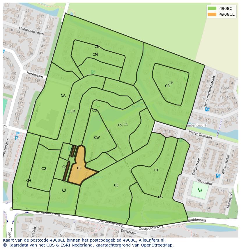 Afbeelding van het postcodegebied 4908 CL op de kaart.
