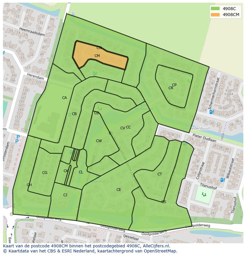 Afbeelding van het postcodegebied 4908 CM op de kaart.