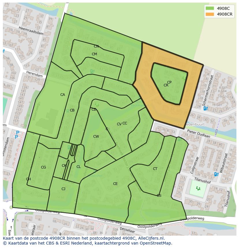 Afbeelding van het postcodegebied 4908 CR op de kaart.