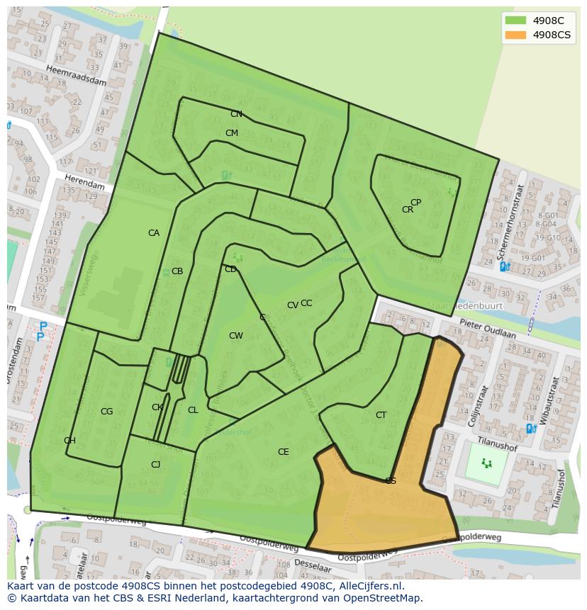 Afbeelding van het postcodegebied 4908 CS op de kaart.