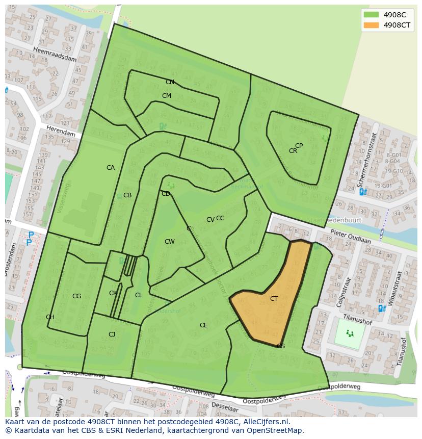 Afbeelding van het postcodegebied 4908 CT op de kaart.
