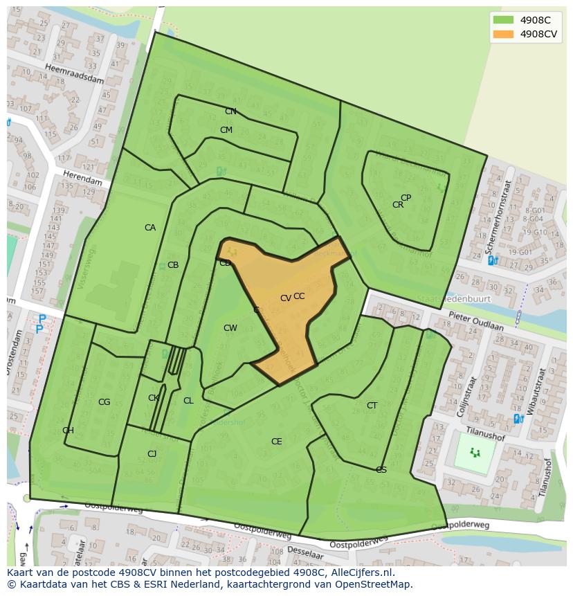 Afbeelding van het postcodegebied 4908 CV op de kaart.