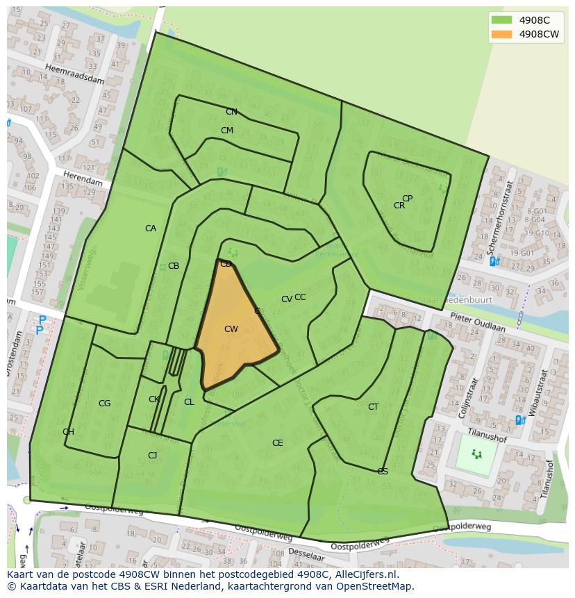 Afbeelding van het postcodegebied 4908 CW op de kaart.