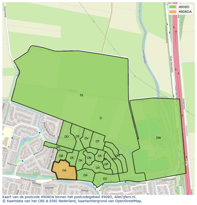 Afbeelding van het postcodegebied 4908 DA op de kaart.